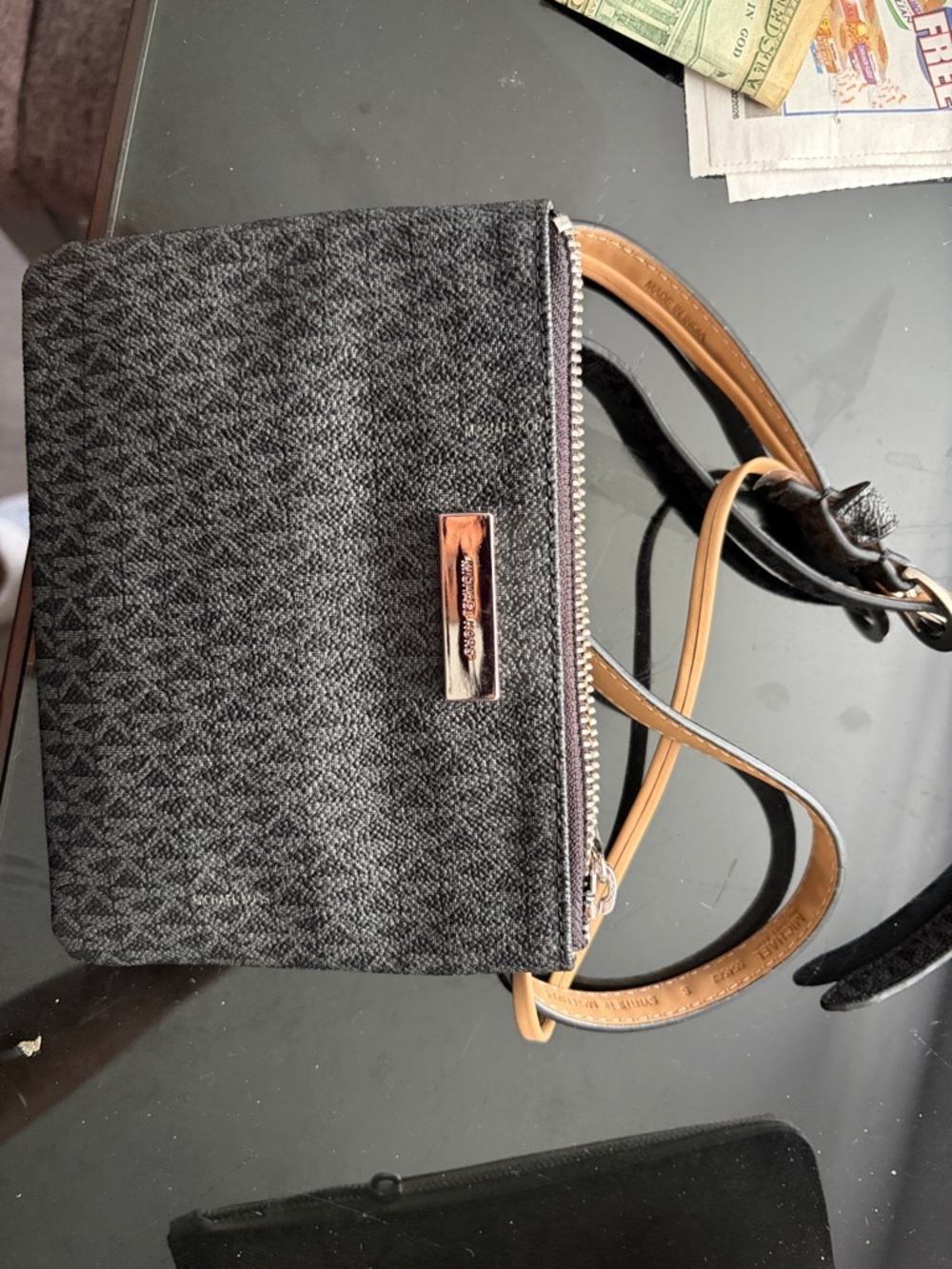Michael Kors Gray Crossbody with Tan Strap and Logo Plaque